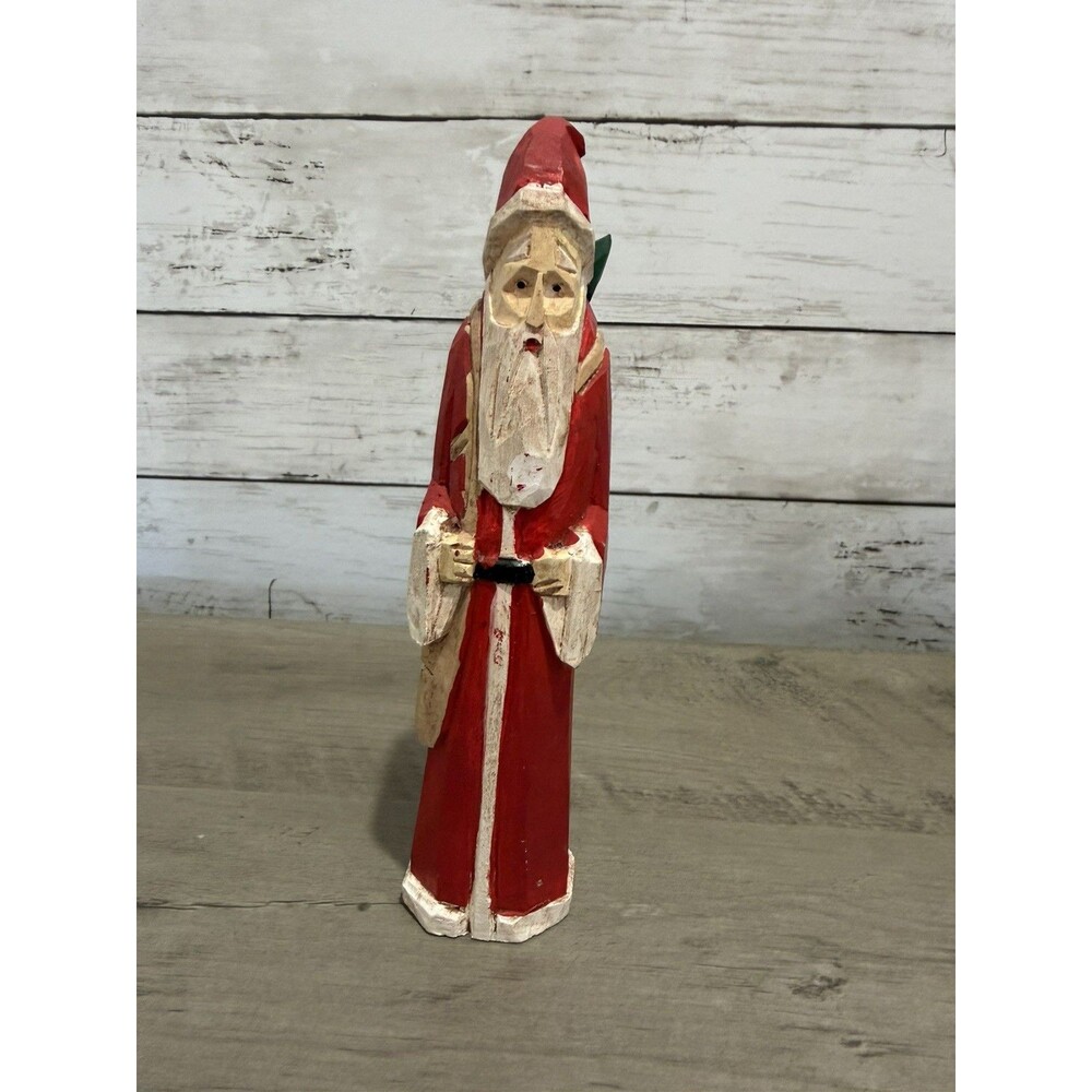 MIDWEST IMPORTERS FOLK ART HAND CARVED CHRISTMAS SANTA WOODEN FIGURINE VTG 8”